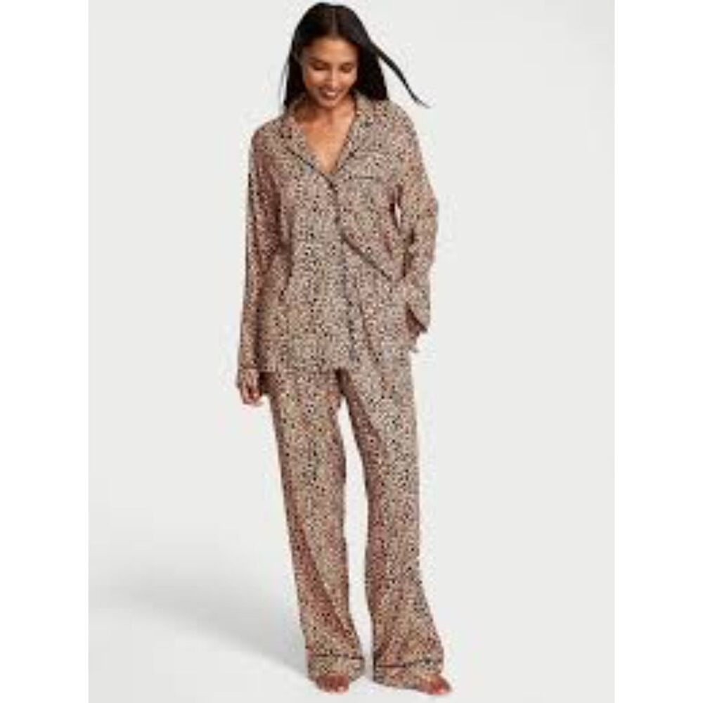 Victoria's Secret Satin Pajamas Set XL Regular Marzipan Leopard Tan Black PJs